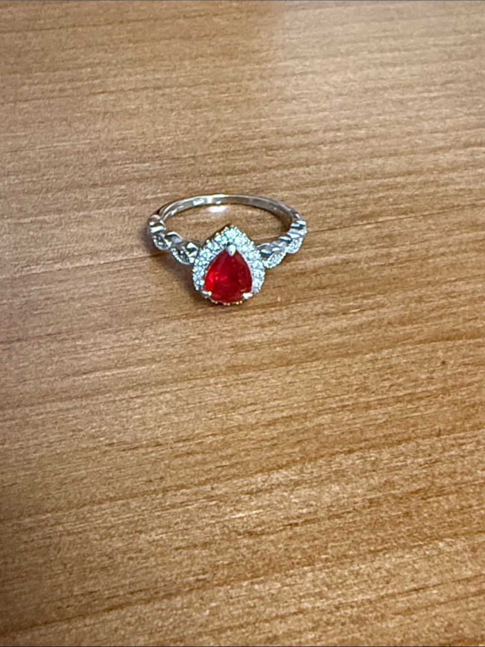 Silver Teardrop Red Stone Halo Ring - Women's Jewelry size 7.5-8